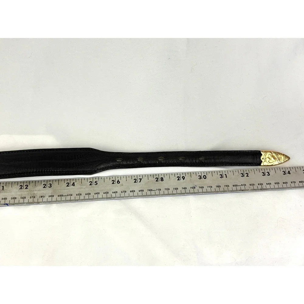 Big Al Western Leather Belt Gold Tone Buckle German Silver Black Size 28 Vintage